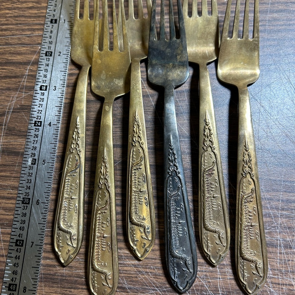 Vintage Brass Flatware Dragon Viking Ship Design Set of 6 Salad Forks